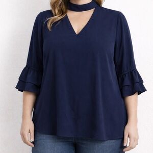 Navy Blue Chiffon Blouse Ruffle Sleeve V-Neck Lightweight Top